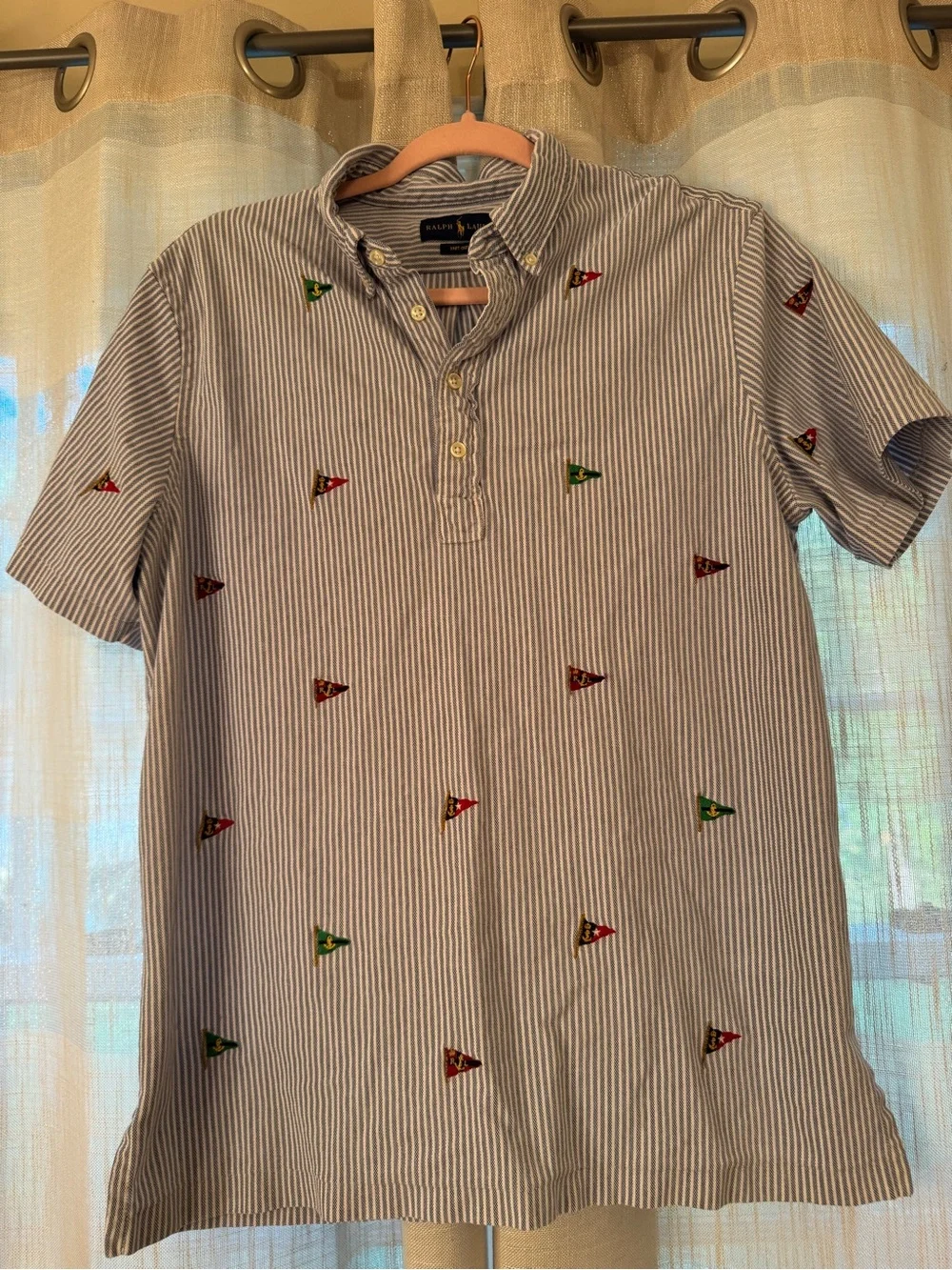 Ralph Lauren Blue and White Striped Short-Sleeve Polo with Embroidered Pennants